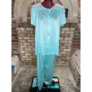 Vanity Fair satin pajama set top pants aqua pink lace floral